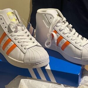 adidas White and Orange High-Top Sneakers